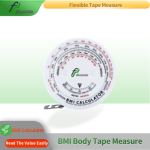 Compact and lightweight BMI calculator tape measure with push-button retraction for easy self-measurement.