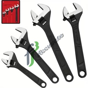 Durable Cr-V steel adjustable wrench with black oxide finish.