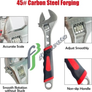 Close-up of chrome-plated adjustable wrench with scales.