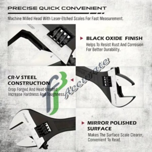 Adjustable spanner with inch/metric measurement scale.