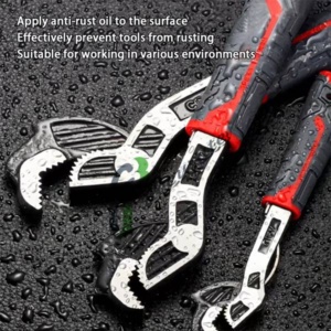 Self-adjusting pipe wrench with a wide range of sizes.