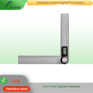 angle finder, showing its laser-etched stainless steel ruler, locking screw for angle adjustment, and CR2032 battery compartment.