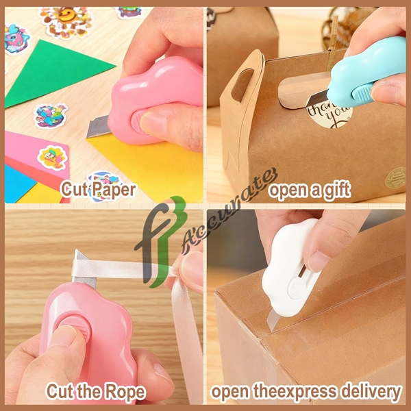 Mini cloud-shaped box opener with ergonomic design and retractable blade.