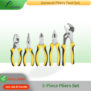 Complete 5-piece pliers set with ergonomic bi-material handles, ideal for basic home repairs, plumbing, electrical work, automotive, and DIY projects