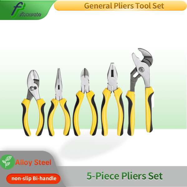 Complete 5-piece pliers set with ergonomic bi-material handles, ideal for basic home repairs, plumbing, electrical work, automotive, and DIY projects