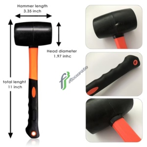 Close-up of rubber mallet head and handle, highlighting the high-quality construction materials.